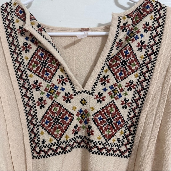 Free People Boho Embroidered Wrap Dress SP Beige Cotton Mini Festival Tie Waist - Picture 6 of 11